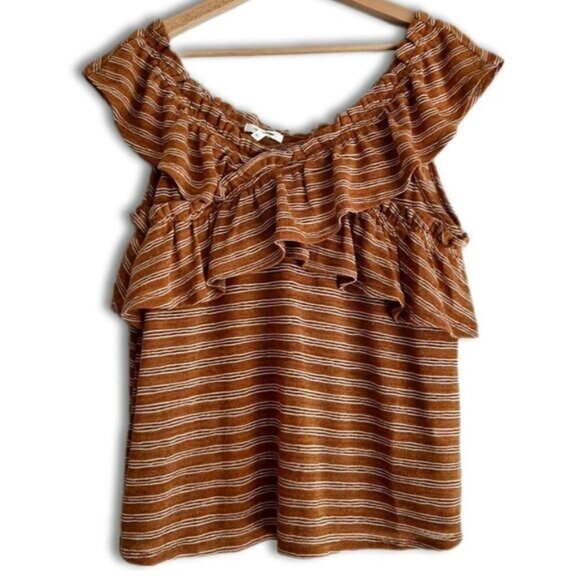 MAURICES Ruffled Fine Knit Tank Top Tan & White Striped Sz XL - Picture 1 of 10